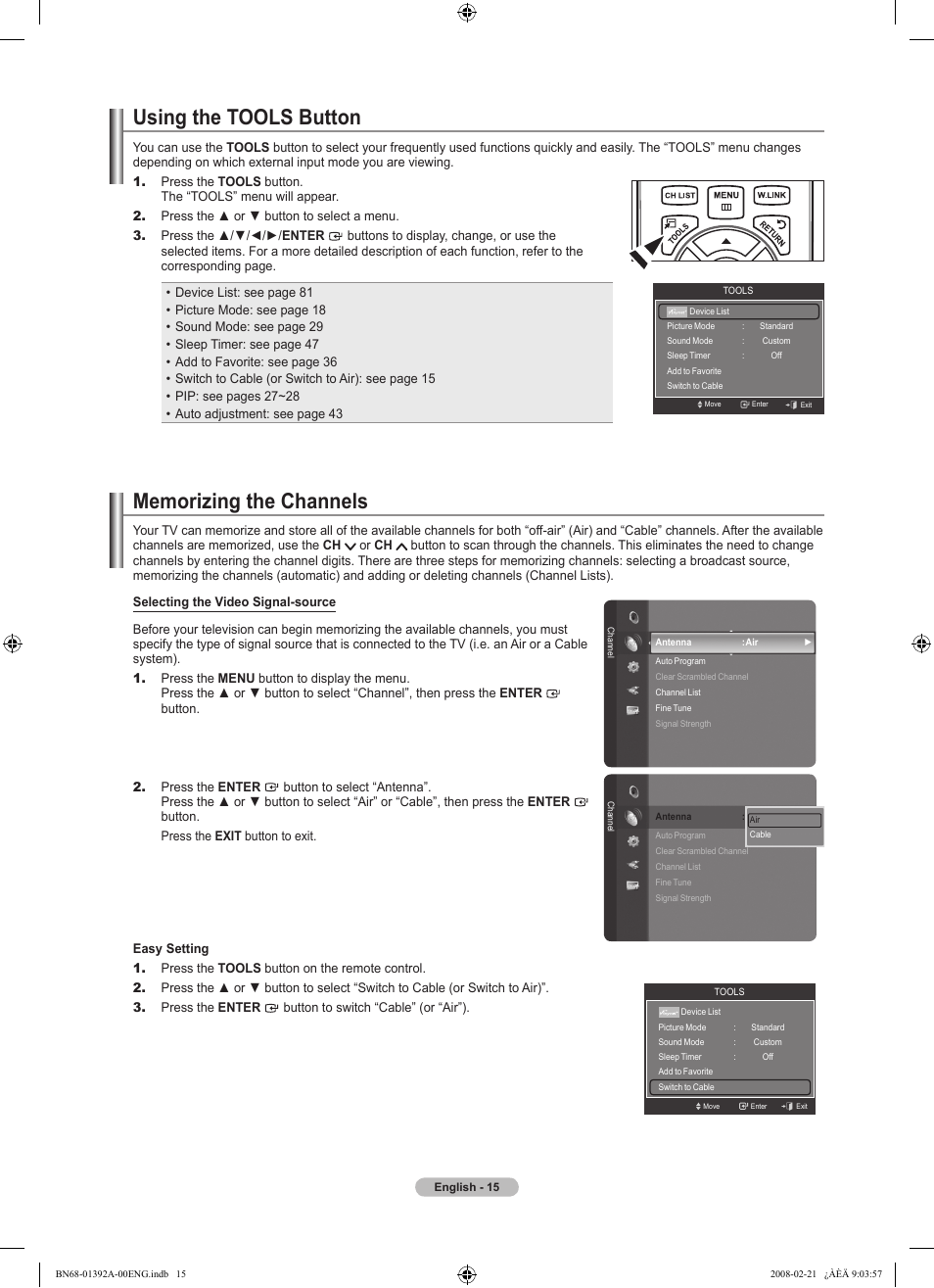 Using the tools button, Memorizing the channels, To edit the input source name | Samsung LN37A550P3FXZA User Manual | Page 17 / 201