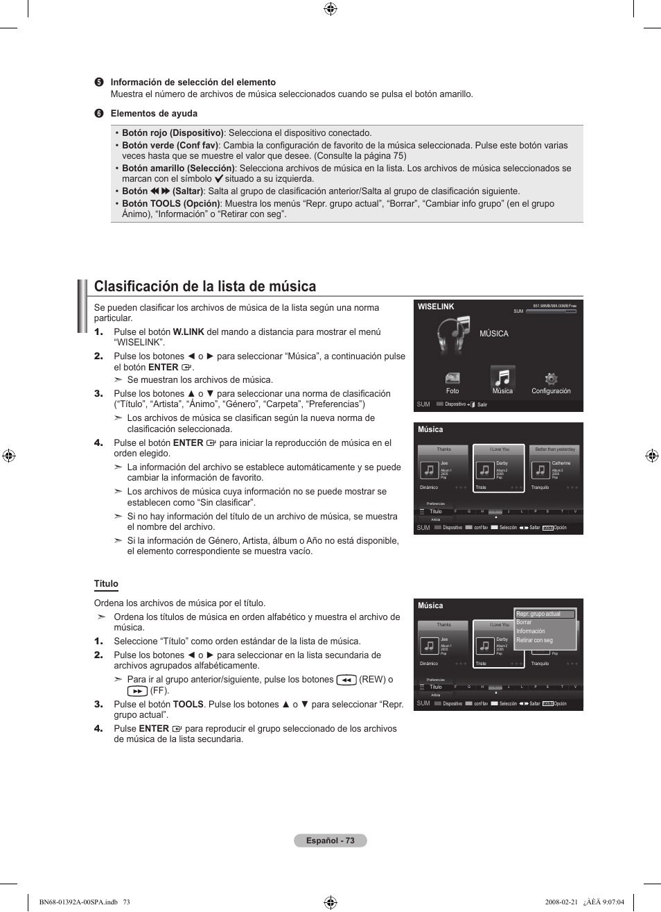 Clasificación de la lista de música | Samsung LN37A550P3FXZA User Manual | Page 179 / 201