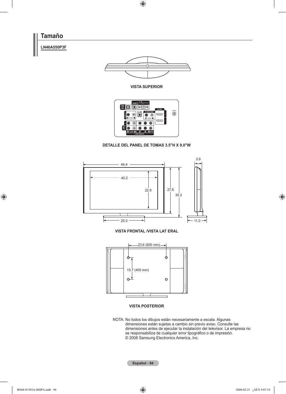 Tamaño | Samsung LN37A550P3FXZA User Manual | Page 200 / 201