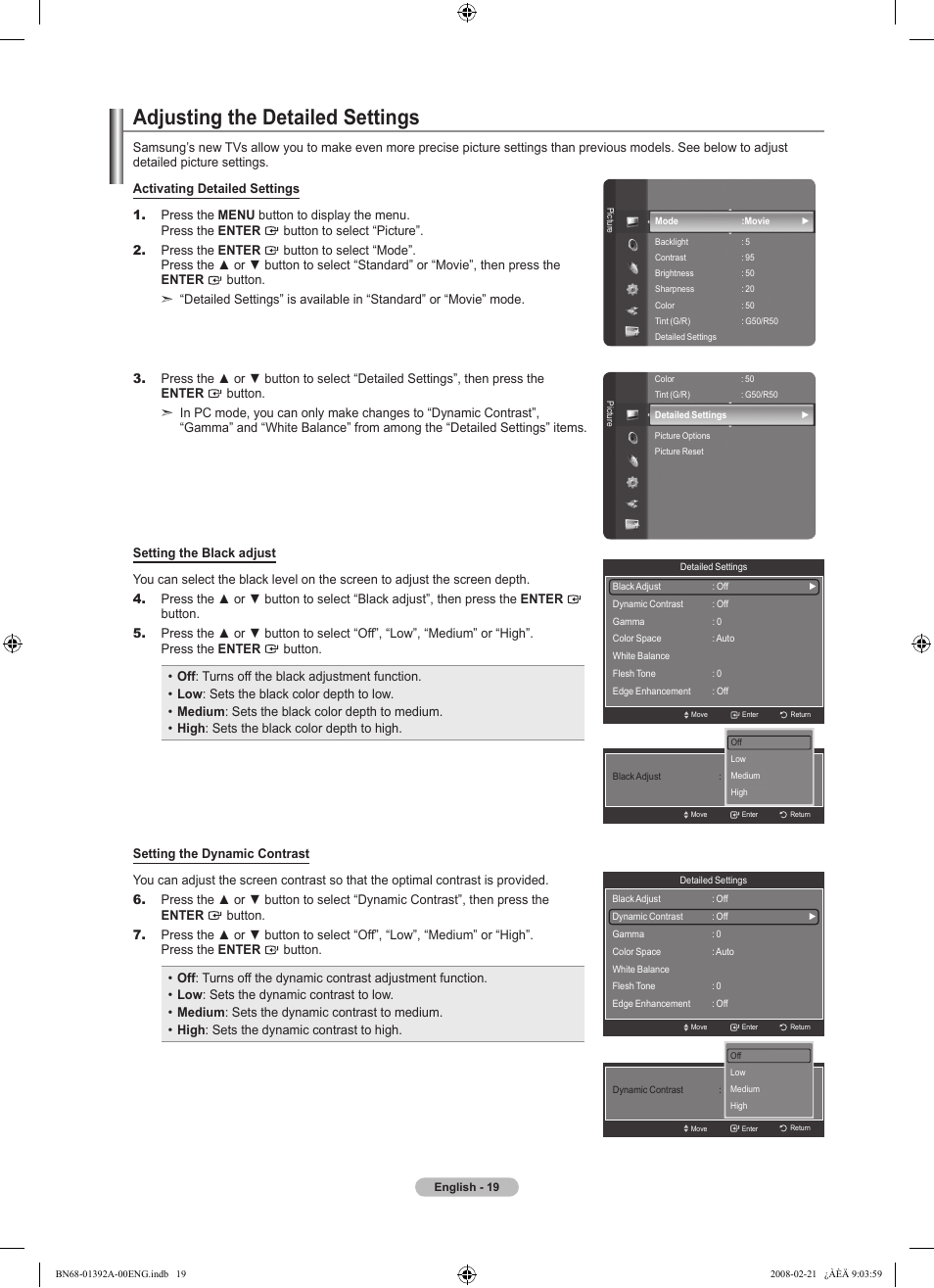 Adjusting the detailed settings, Viewing picture-in-picture | Samsung LN37A550P3FXZA User Manual | Page 21 / 201