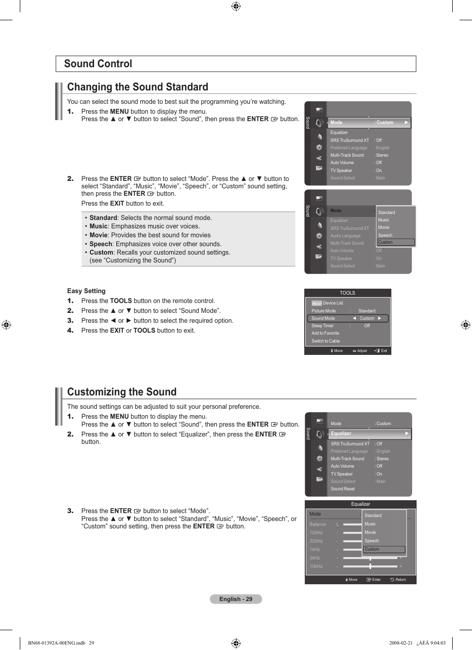 Sound control, Changing the sound standard, Customizing the sound | Setting the trusurround xt, Choosing preferred language, Choosing a multi-channel sound (mts) track, Sound control changing the sound standard | Samsung LN37A550P3FXZA User Manual | Page 31 / 201