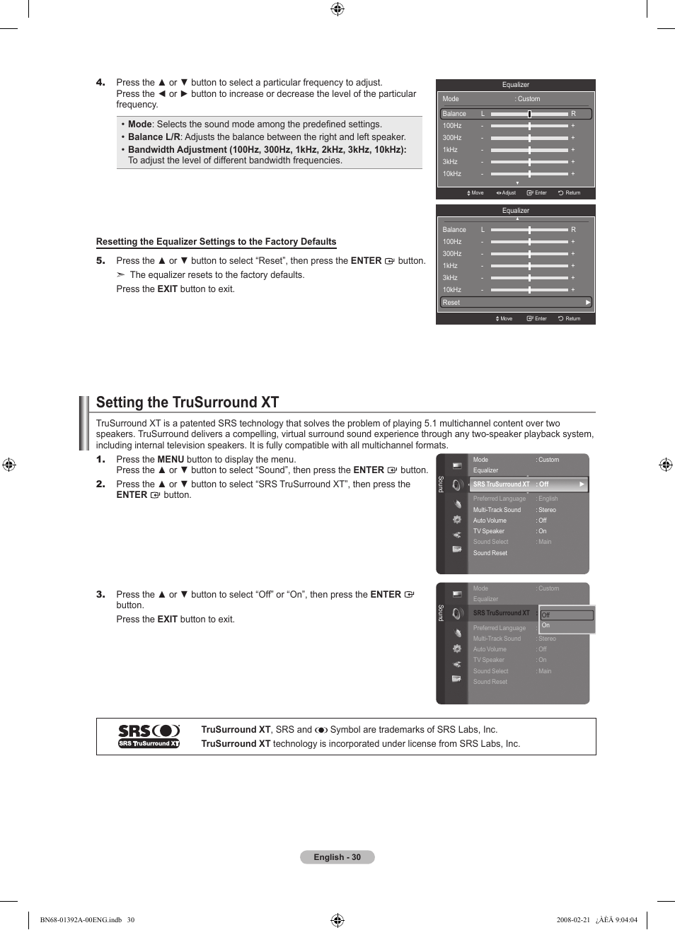 Setting the trusurround xt, Automatic volume control | Samsung LN37A550P3FXZA User Manual | Page 32 / 201