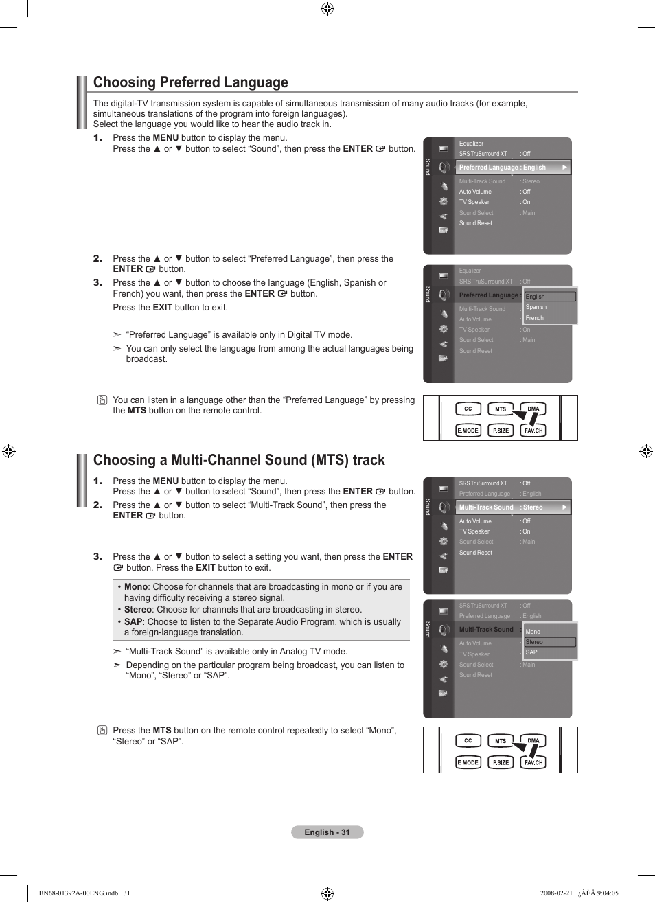 Choosing preferred language, Choosing a multi-channel sound (mts) track, Setting the tv speakers on/off | Listening to the sound of the sub (pip) picture | Samsung LN37A550P3FXZA User Manual | Page 33 / 201