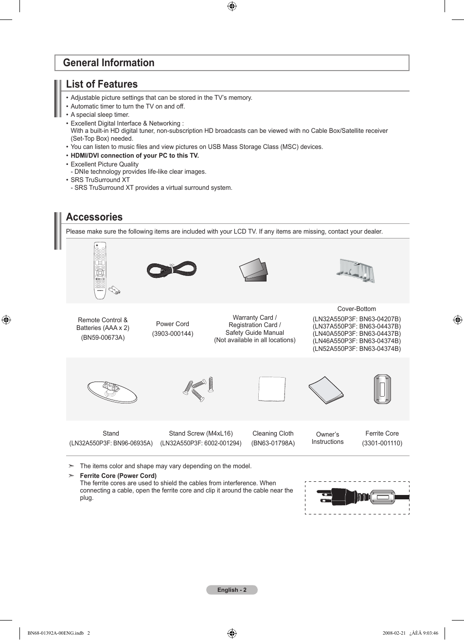 General information, List of features, Accessories | Viewing the connection panel, Remote control | Samsung LN37A550P3FXZA User Manual | Page 4 / 201