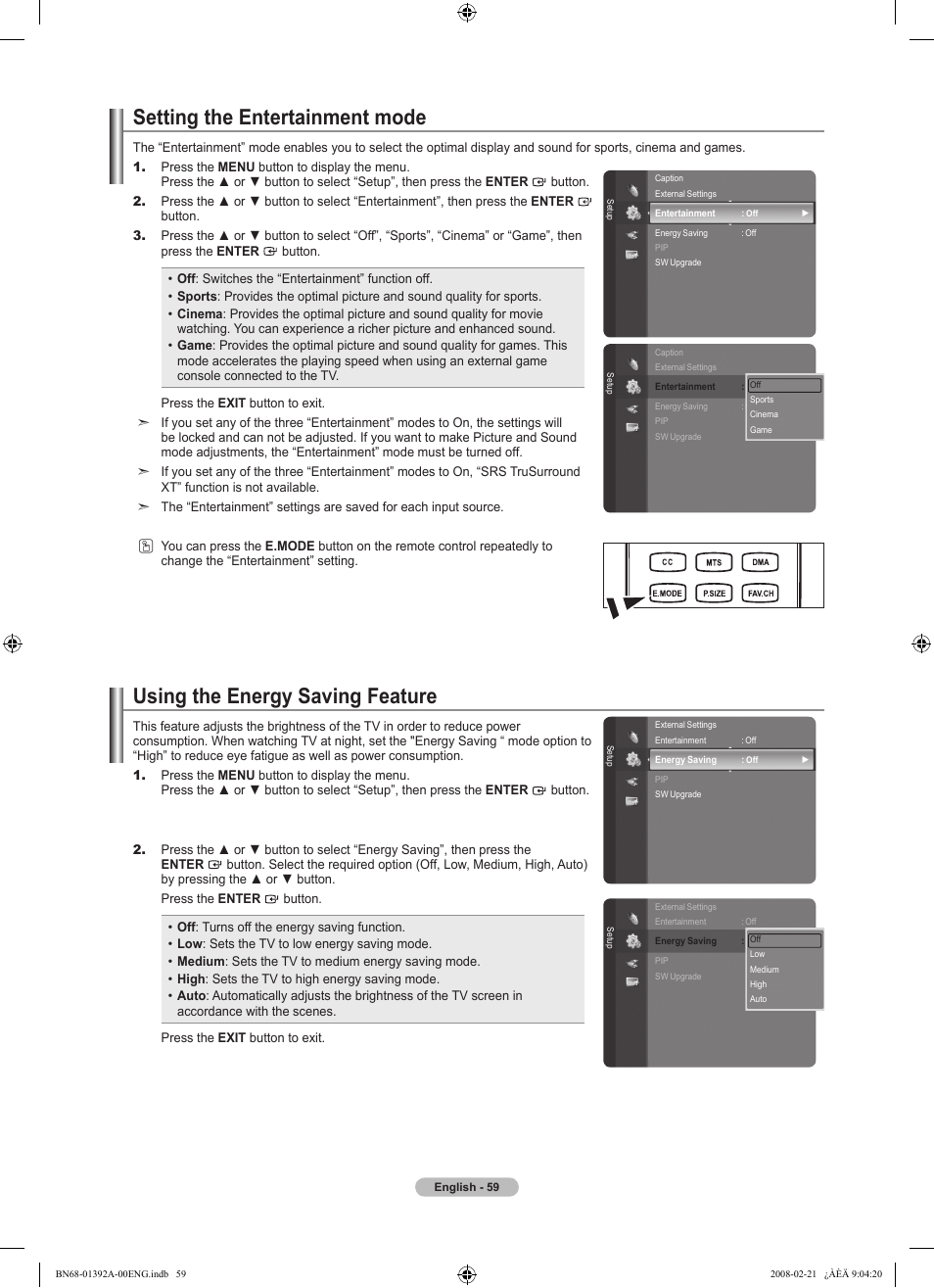 Setting the entertainment mode, Using the energy saving feature, Wiselink | Samsung LN37A550P3FXZA User Manual | Page 61 / 201
