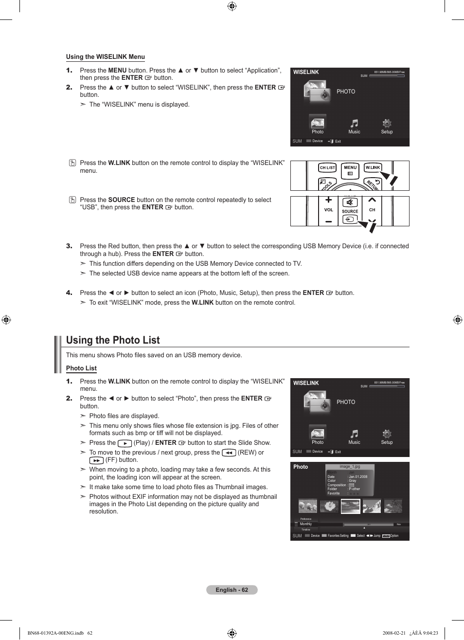 Using the photo list | Samsung LN37A550P3FXZA User Manual | Page 64 / 201