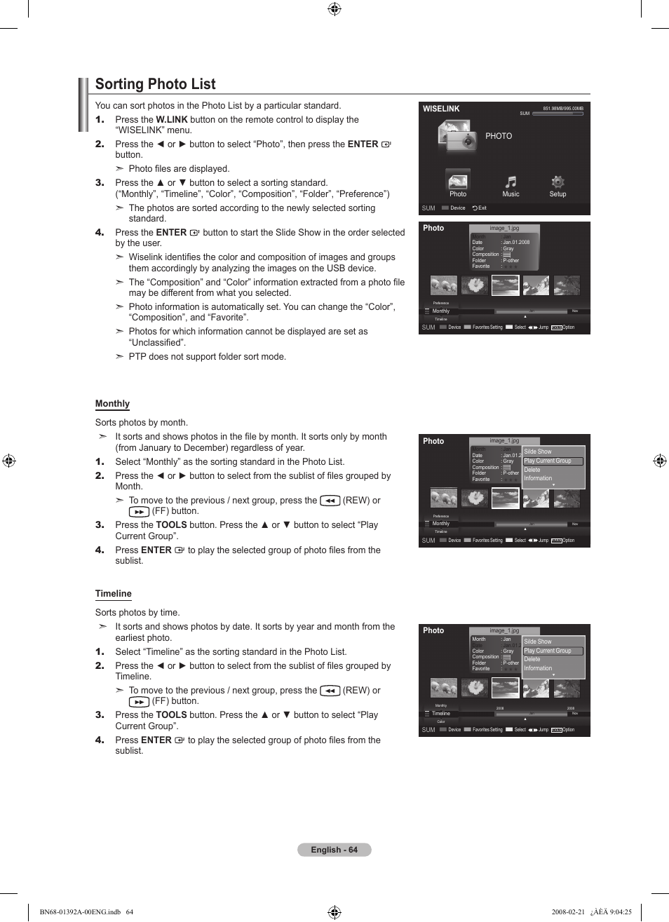 Sorting photo list | Samsung LN37A550P3FXZA User Manual | Page 66 / 201