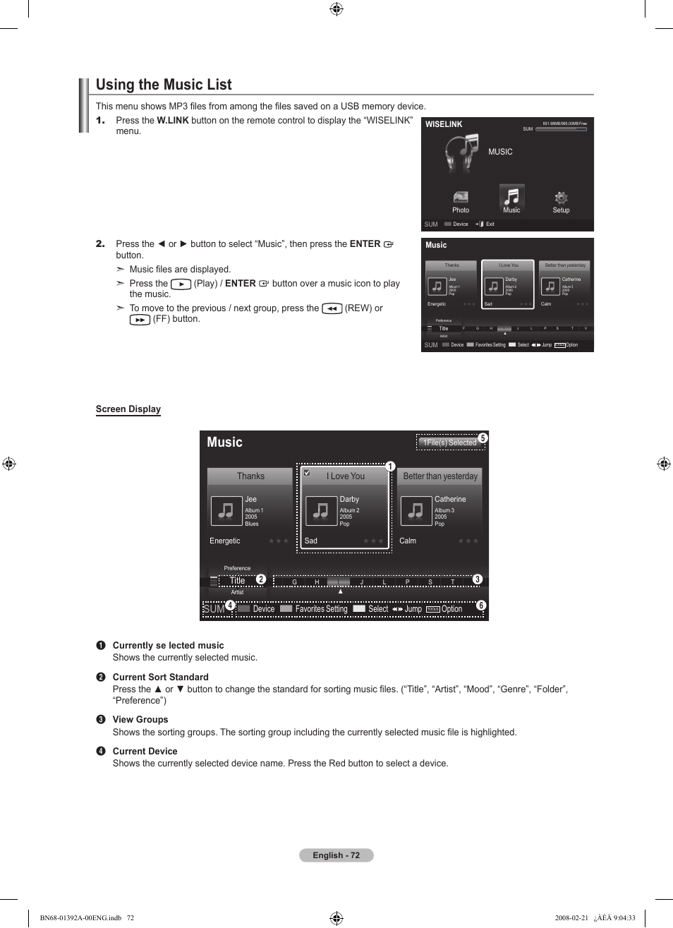 Using the music list, Music, Device  favorites setting  select jump | Option, Title, I love you, Better than yesterday | Samsung LN37A550P3FXZA User Manual | Page 74 / 201