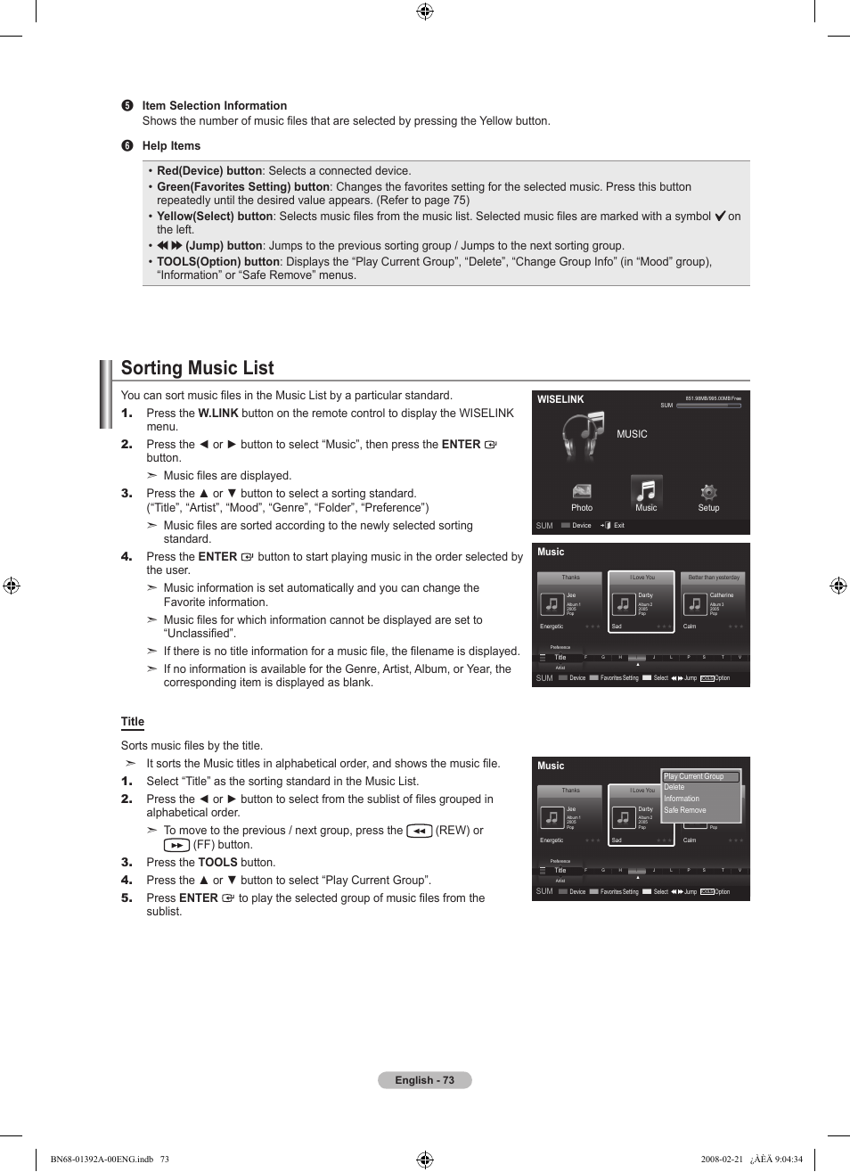 Sorting music list | Samsung LN37A550P3FXZA User Manual | Page 75 / 201