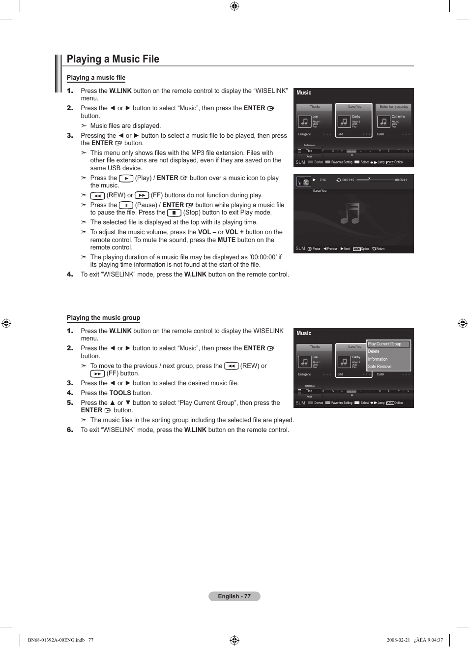 Playing a music file | Samsung LN37A550P3FXZA User Manual | Page 79 / 201