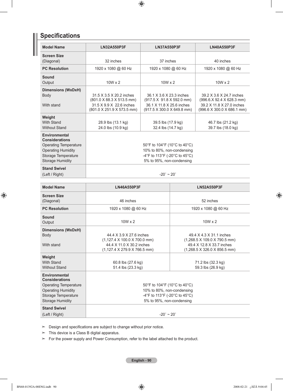 Specifications | Samsung LN37A550P3FXZA User Manual | Page 92 / 201
