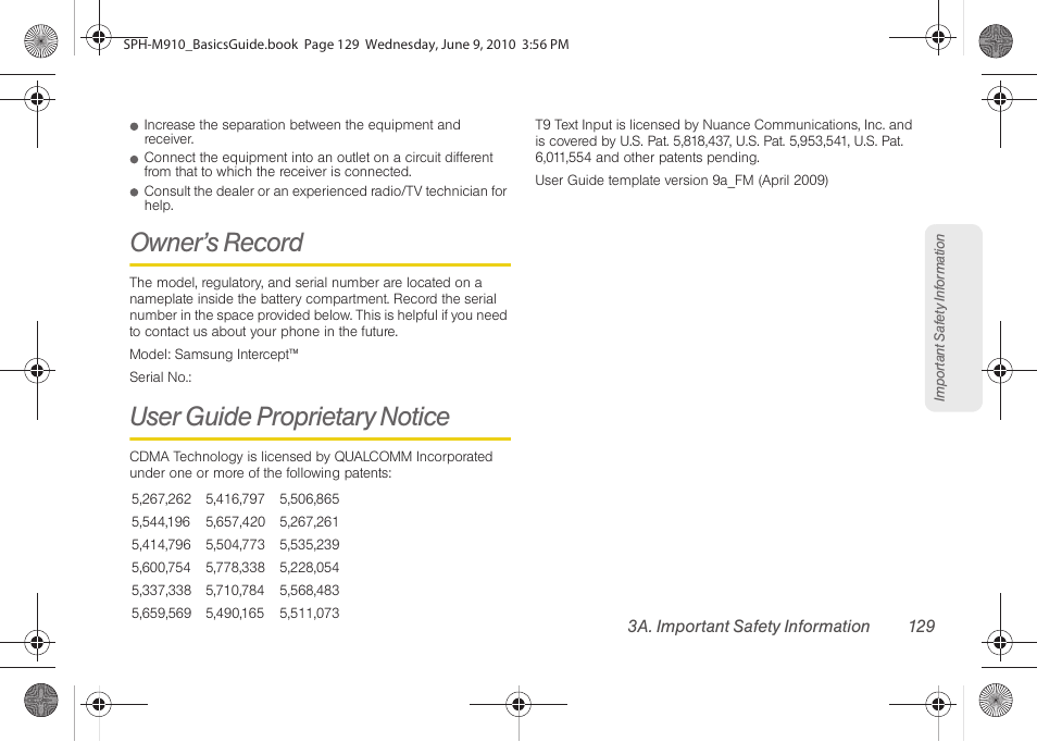 Owner’s record, User guide proprietary notice | Samsung SPH-M910ZIASPR User Manual | Page 141 / 157