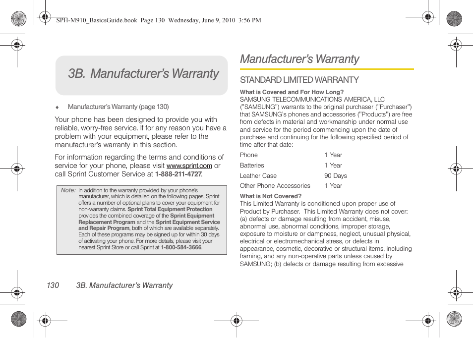 3b. manufacturer’s warranty, Manufacturer’s warranty, Standard limited warranty | Samsung SPH-M910ZIASPR User Manual | Page 142 / 157