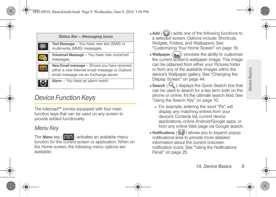 Device function keys, Menu key | Samsung SPH-M910ZIASPR User Manual | Page 21 / 157