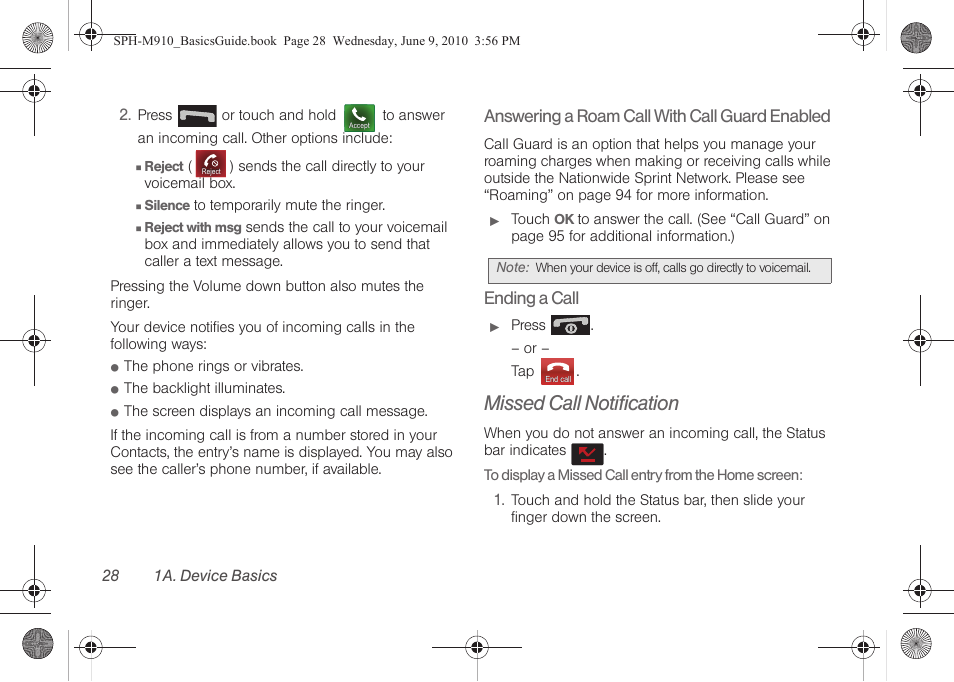 Missed call notification, Answering a roam call with call guard enabled, Ending a call | Samsung SPH-M910ZIASPR User Manual | Page 40 / 157