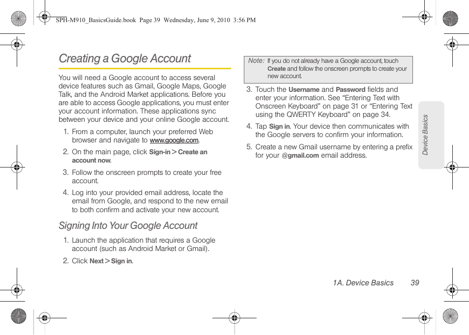 Creating a google account, Signing into your google account | Samsung SPH-M910ZIASPR User Manual | Page 51 / 157