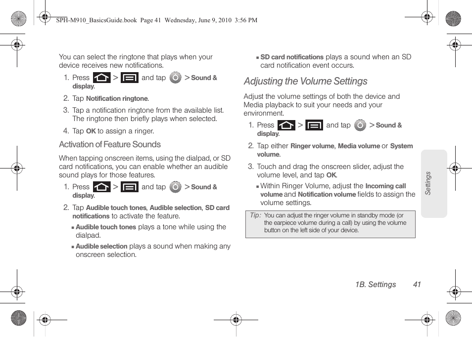 Adjusting the volume settings | Samsung SPH-M910ZIASPR User Manual | Page 53 / 157