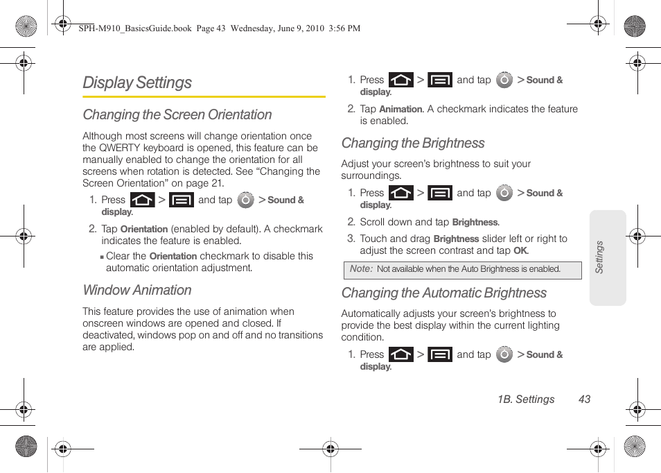 Display settings, Changing the screen orientation, Window animation | Changing the brightness, Changing the automatic brightness | Samsung SPH-M910ZIASPR User Manual | Page 55 / 157