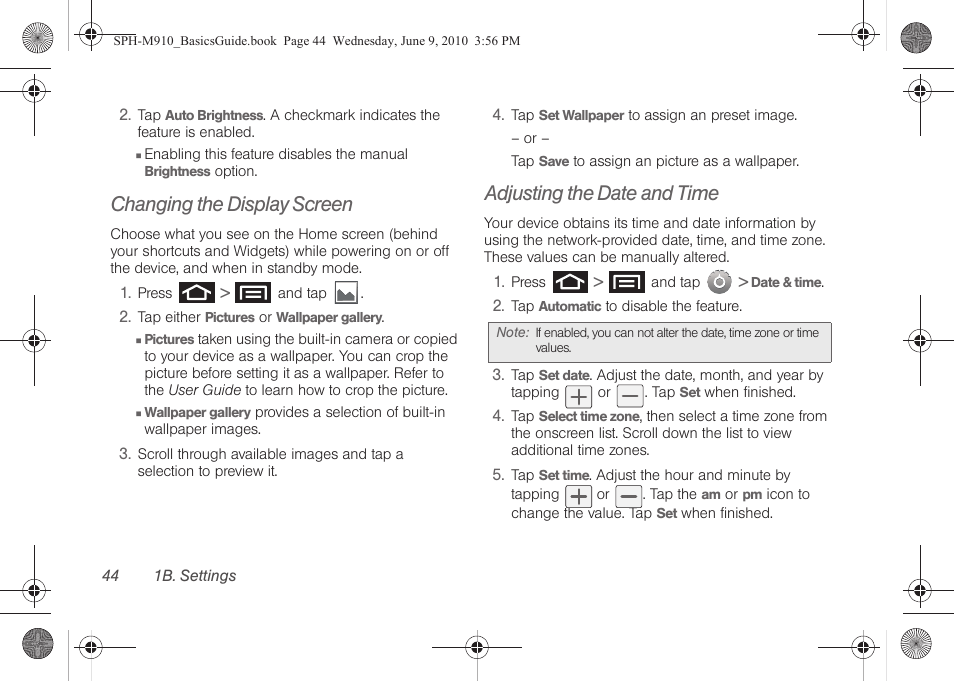 Changing the display screen, Adjusting the date and time | Samsung SPH-M910ZIASPR User Manual | Page 56 / 157