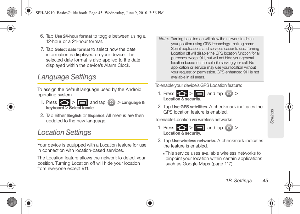 Language settings, Location settings | Samsung SPH-M910ZIASPR User Manual | Page 57 / 157