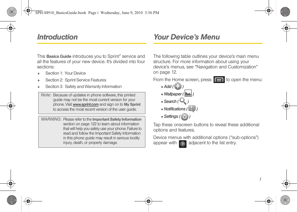 Introduction, Your device’s menu | Samsung SPH-M910ZIASPR User Manual | Page 7 / 157