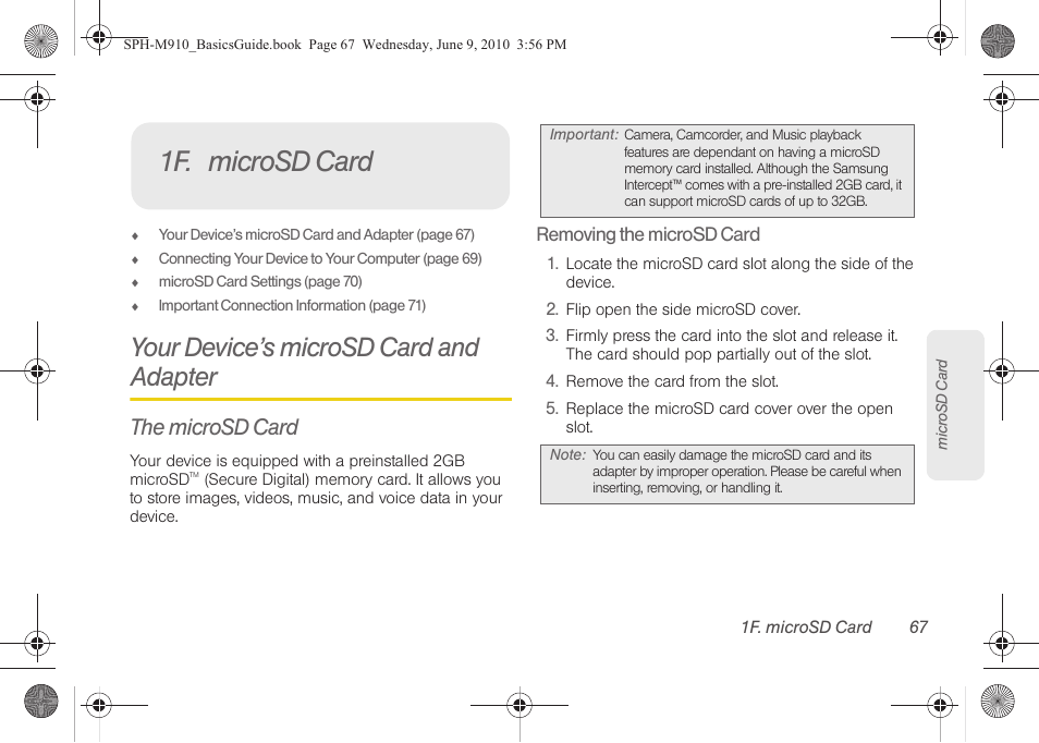 1f. microsd card, Your device’s microsd card and adapter, The microsd card | Samsung SPH-M910ZIASPR User Manual | Page 79 / 157