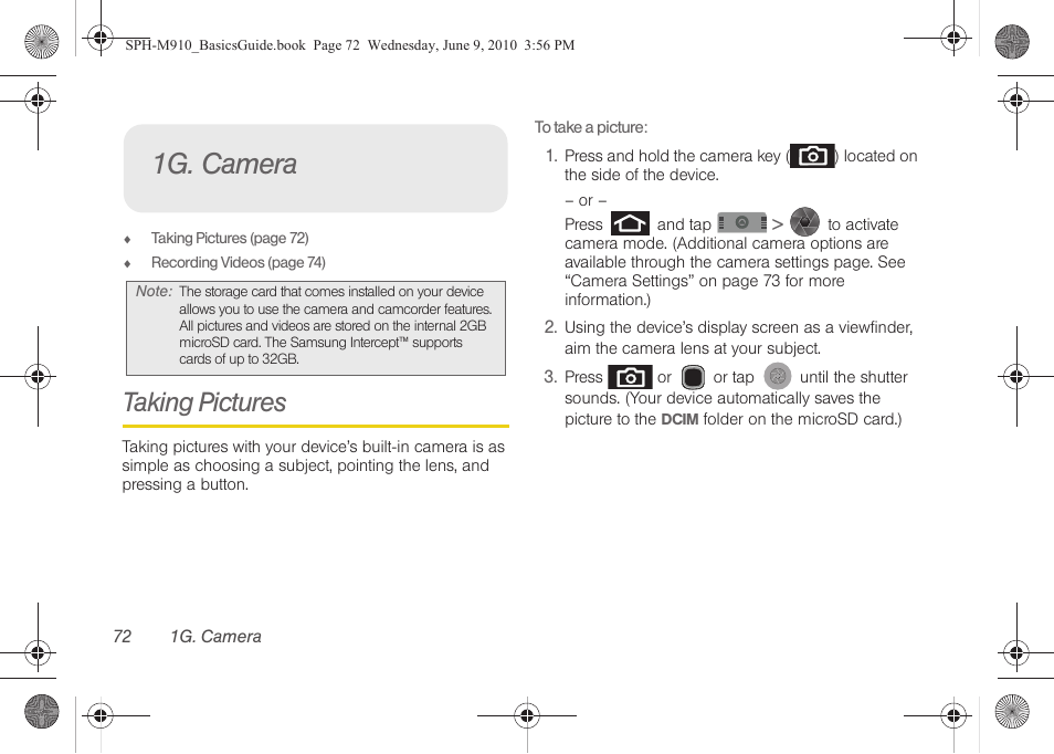 1g. camera, Taking pictures | Samsung SPH-M910ZIASPR User Manual | Page 84 / 157