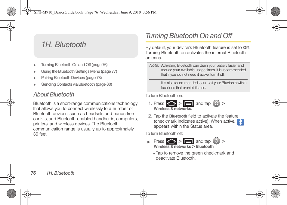 1h. bluetooth, About bluetooth, Turning bluetooth on and off | Samsung SPH-M910ZIASPR User Manual | Page 88 / 157