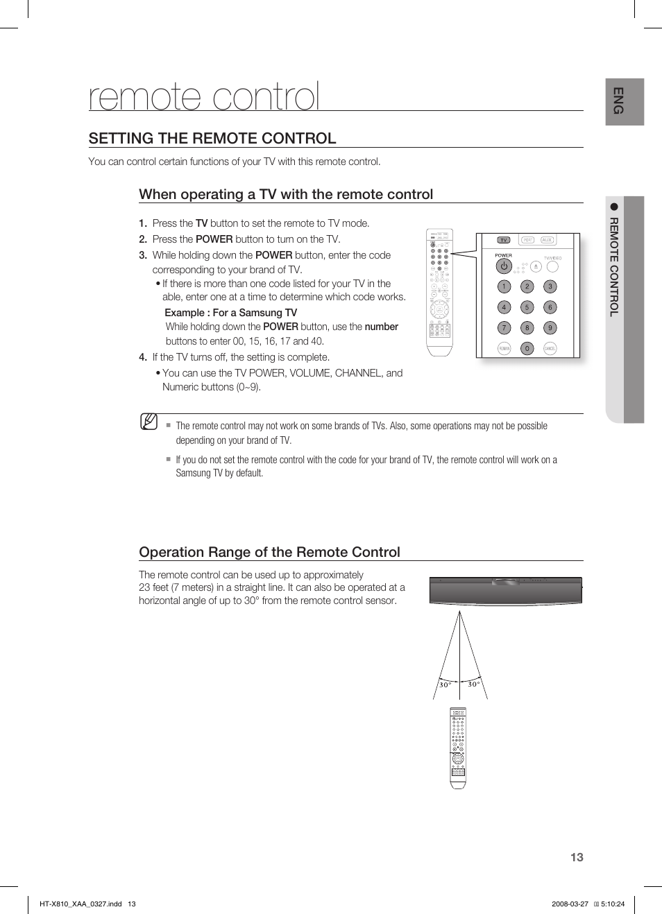 Remote control, Setting the remote control | Samsung HT-X810T-XAA User Manual | Page 13 / 60