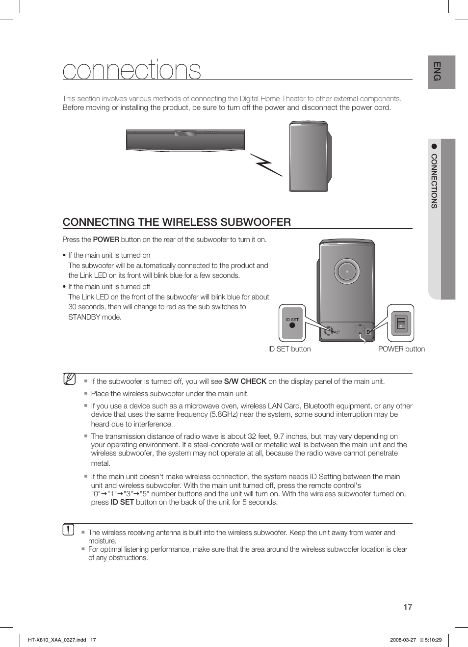 Connections, Connecting the wireless subwoofer | Samsung HT-X810T-XAA User Manual | Page 17 / 60