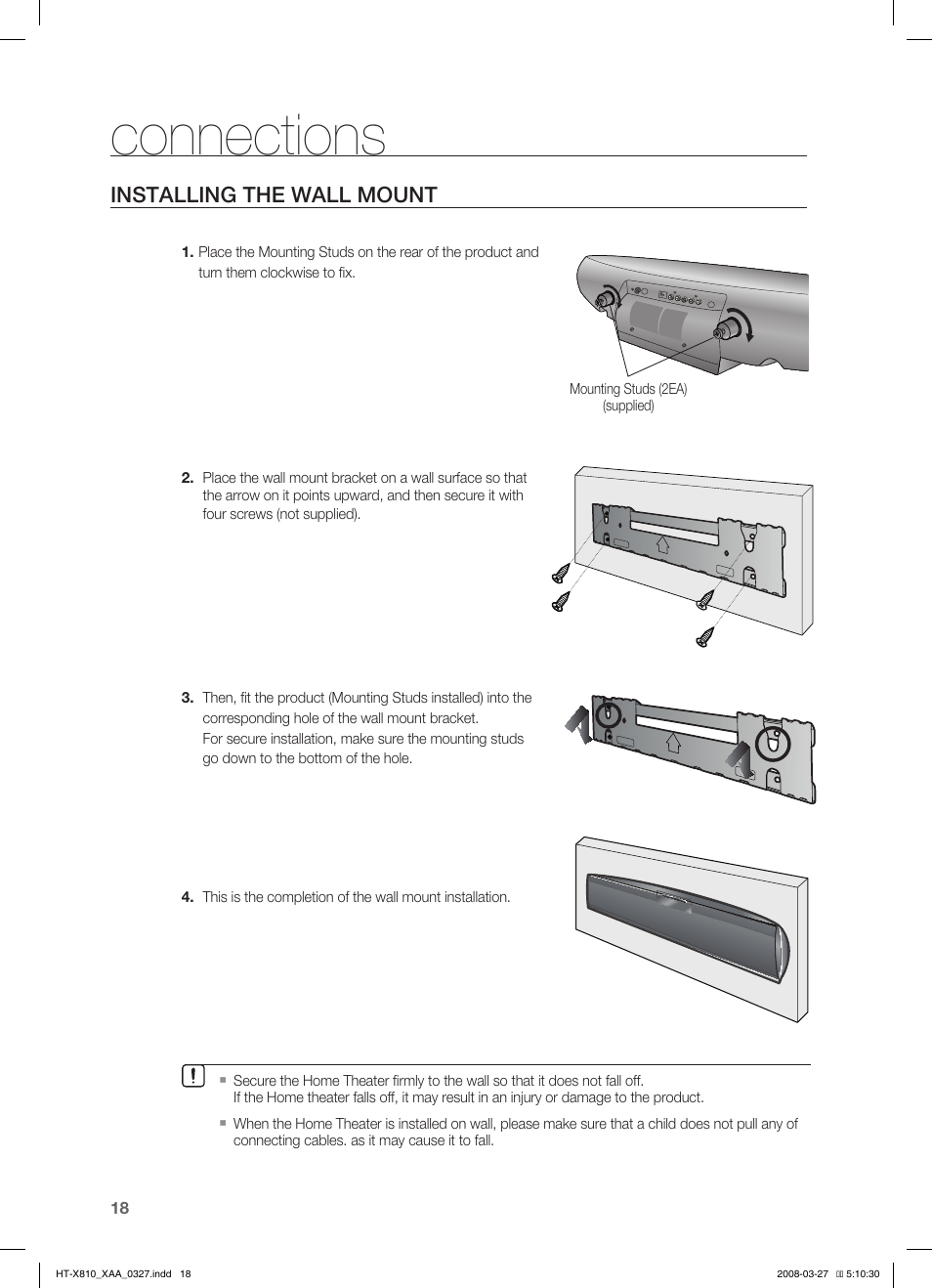 Installing the wall mount, Connections | Samsung HT-X810T-XAA User Manual | Page 18 / 60