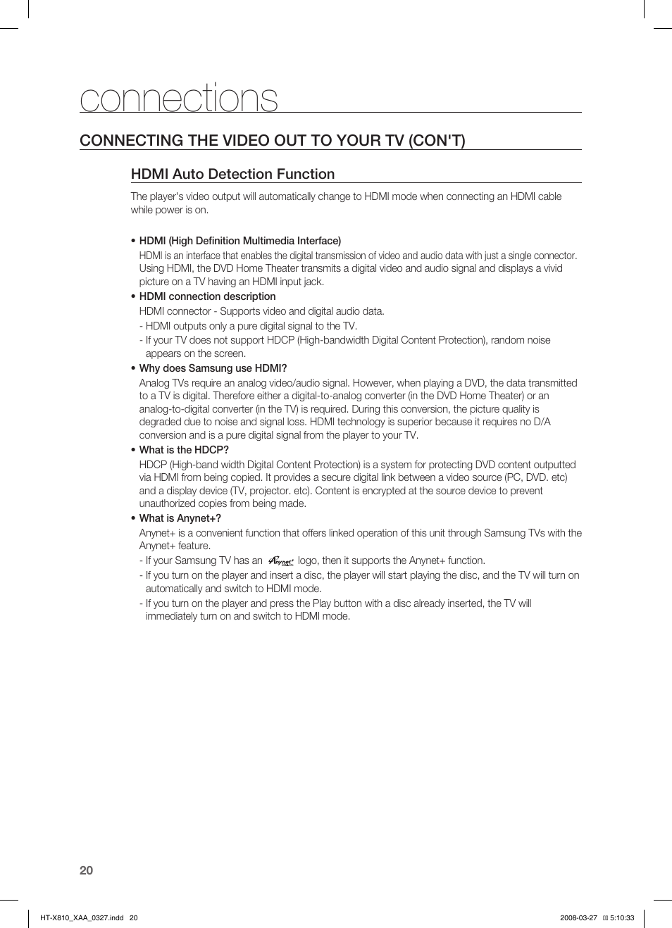 Conecting the video out to your tv (con't), Connections, Connecting the video out to your tv (con't) | Samsung HT-X810T-XAA User Manual | Page 20 / 60