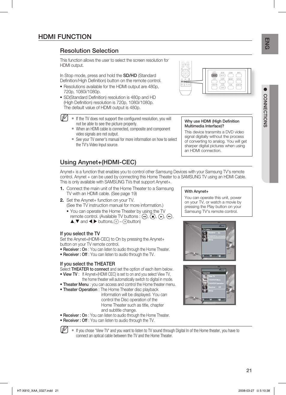 Hdmi function, Resolution selection, Using anynet+(hdmi-cec) | If you select the tv, If you select the theater | Samsung HT-X810T-XAA User Manual | Page 21 / 60