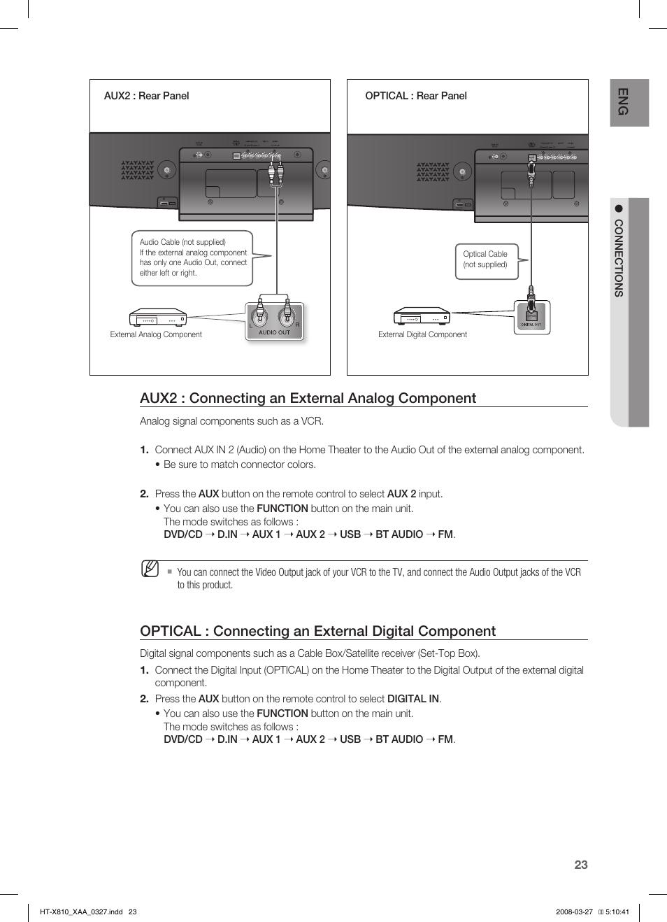 Aux2 : connecting an external analog component, Optical : connecting an external digital component | Samsung HT-X810T-XAA User Manual | Page 23 / 60