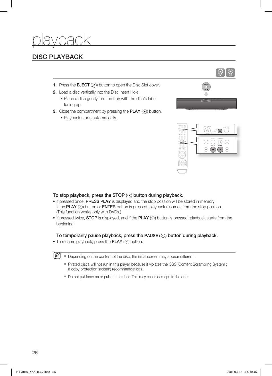 Playback, Disc playback | Samsung HT-X810T-XAA User Manual | Page 26 / 60