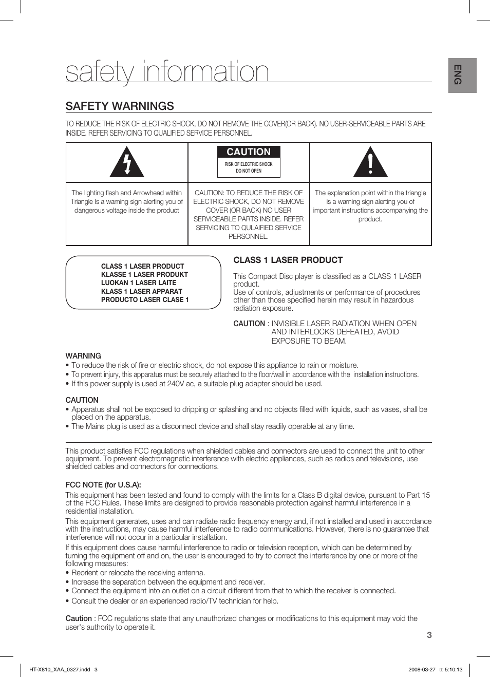 Safety information, Safety warnings | Samsung HT-X810T-XAA User Manual | Page 3 / 60