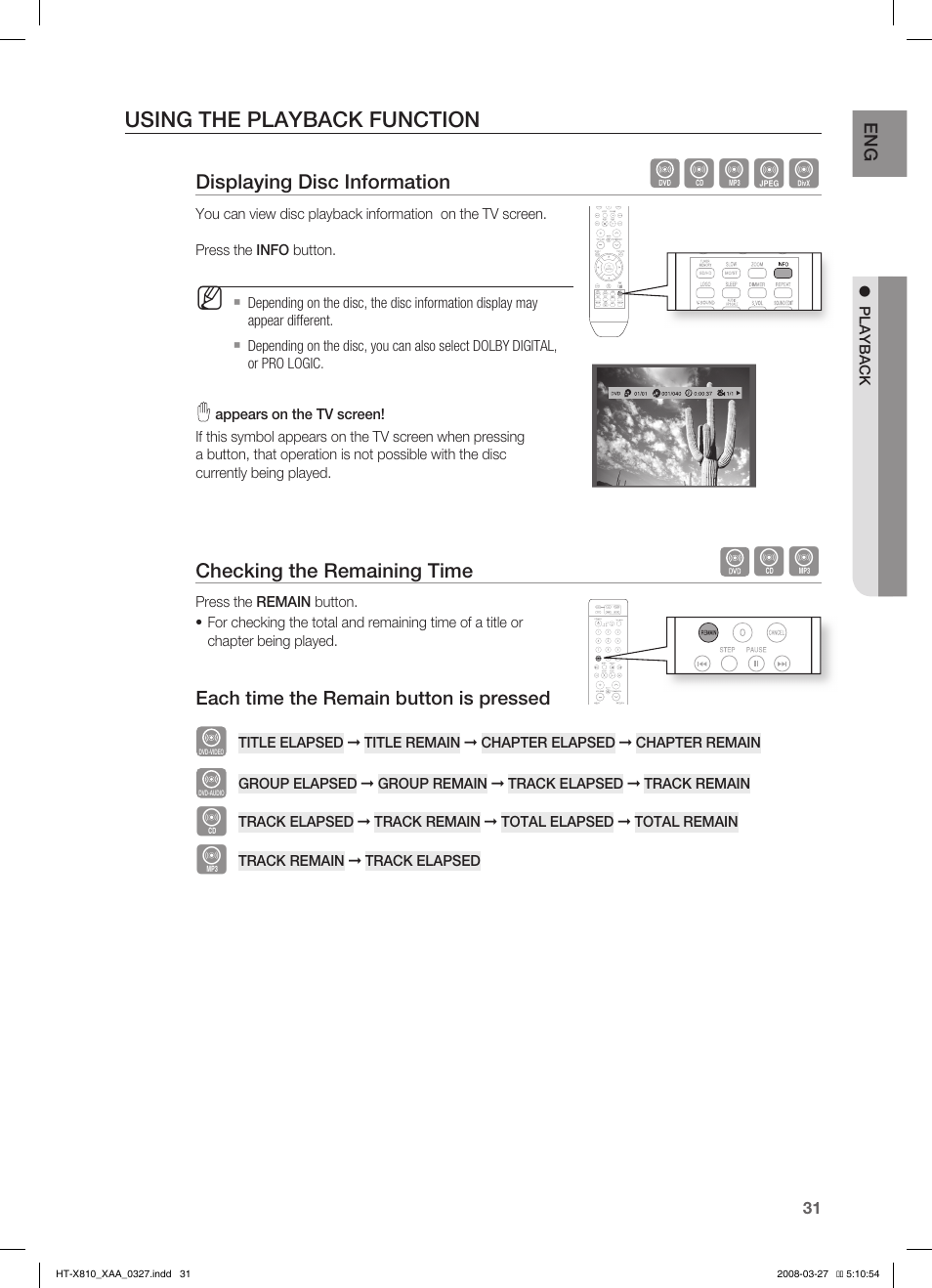 Using the playback function, Displaying disc information, Checking the remaining time | Bagd | Samsung HT-X810T-XAA User Manual | Page 31 / 60