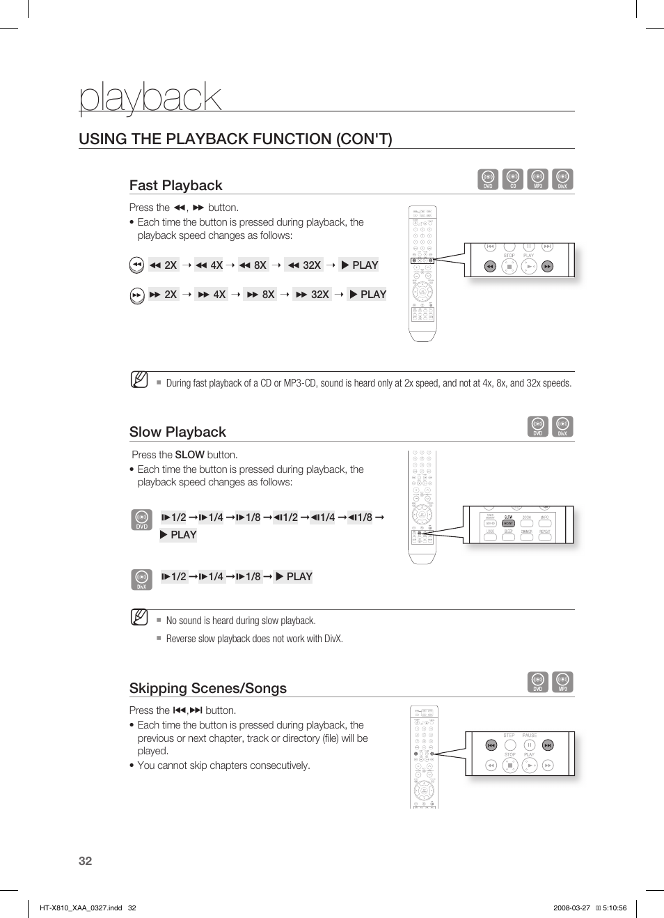 Fast playback, Slow playback, Skipping scenes/songs | Playback | Samsung HT-X810T-XAA User Manual | Page 32 / 60