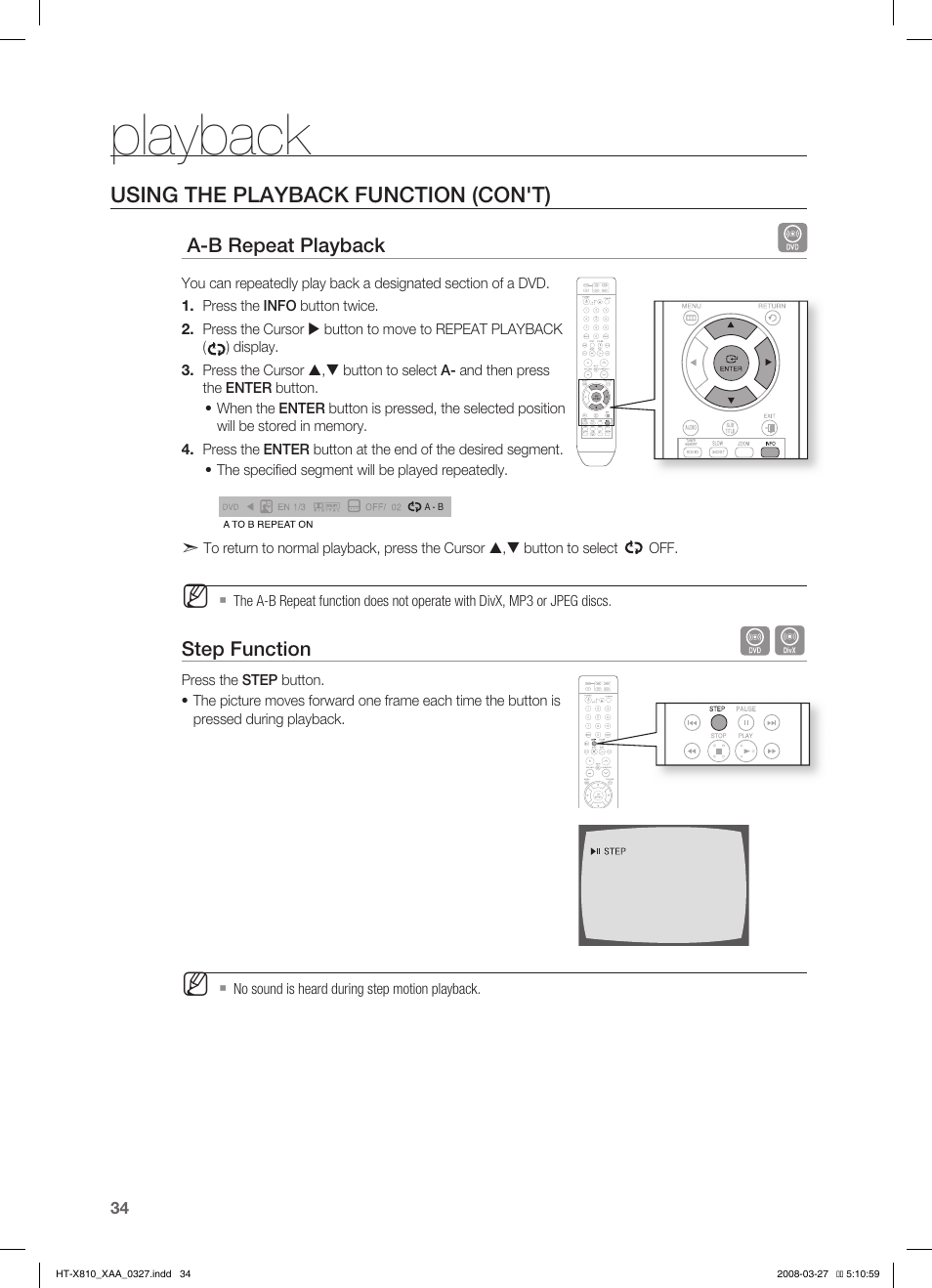 A-b repeat playback, Step function, Playback | Using the playback function (con't) | Samsung HT-X810T-XAA User Manual | Page 34 / 60