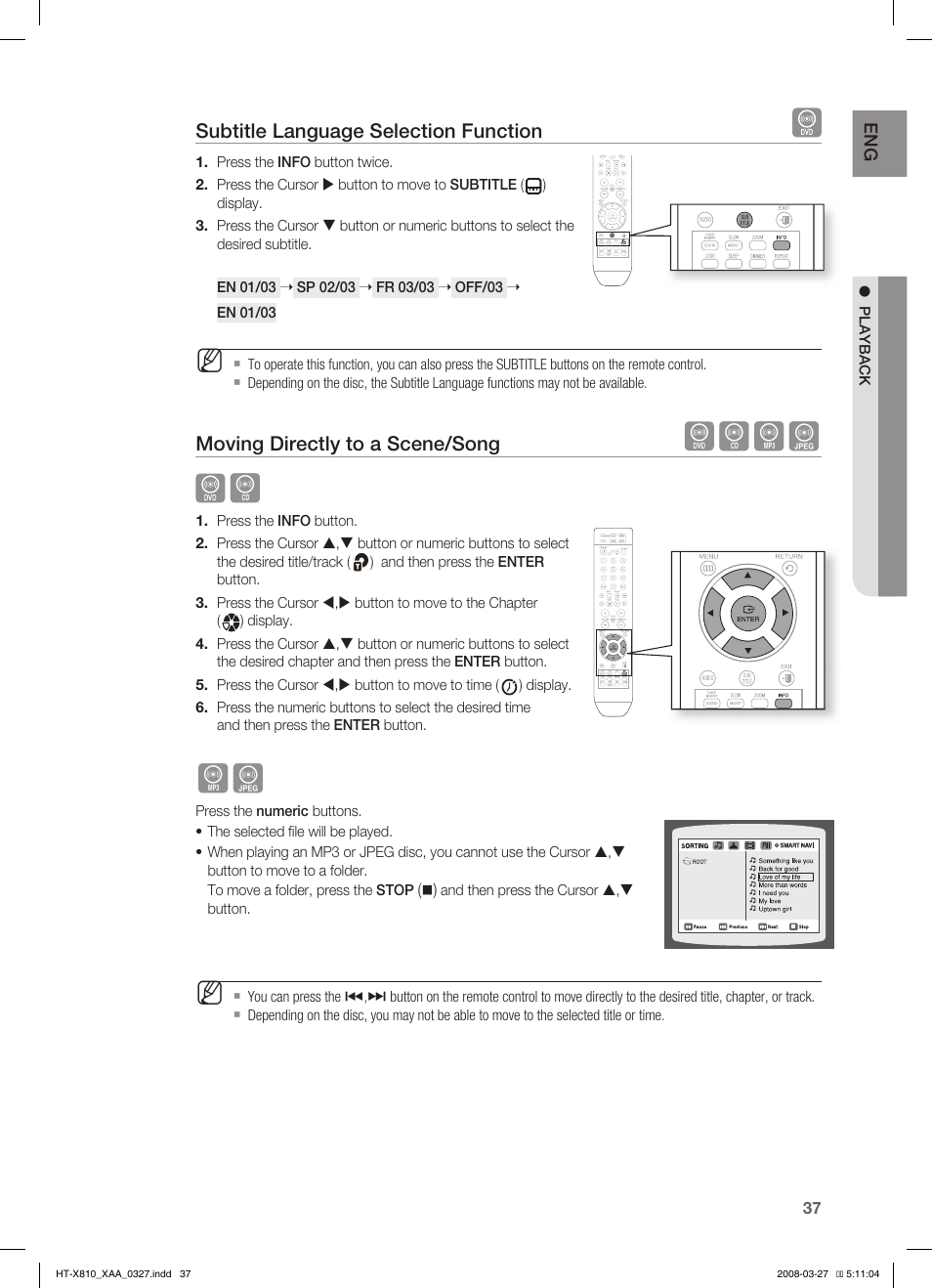 Subtitle language selection function, Moving directly to a scene/song, Bag b | Samsung HT-X810T-XAA User Manual | Page 37 / 60