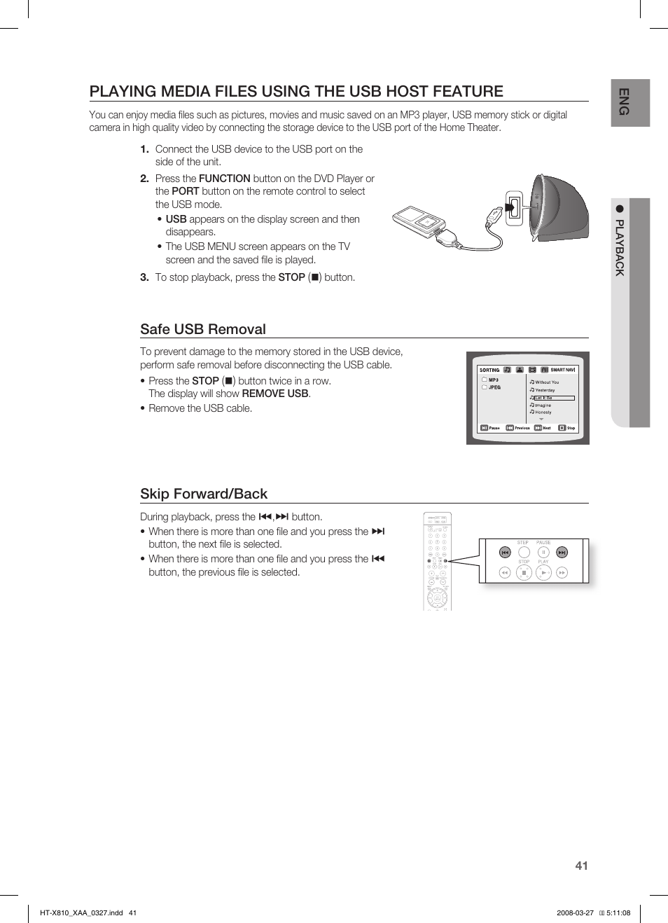 Playing media files using the usb host feature, Safe usb removal, Skip forward/back | Samsung HT-X810T-XAA User Manual | Page 41 / 60