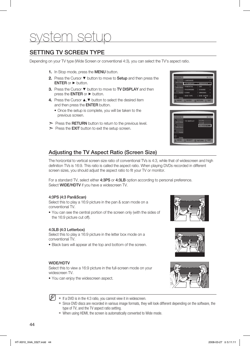 Seting tv screen type, System setup, Setting tv screen type | Adjusting the tv aspect ratio (screen size) | Samsung HT-X810T-XAA User Manual | Page 44 / 60