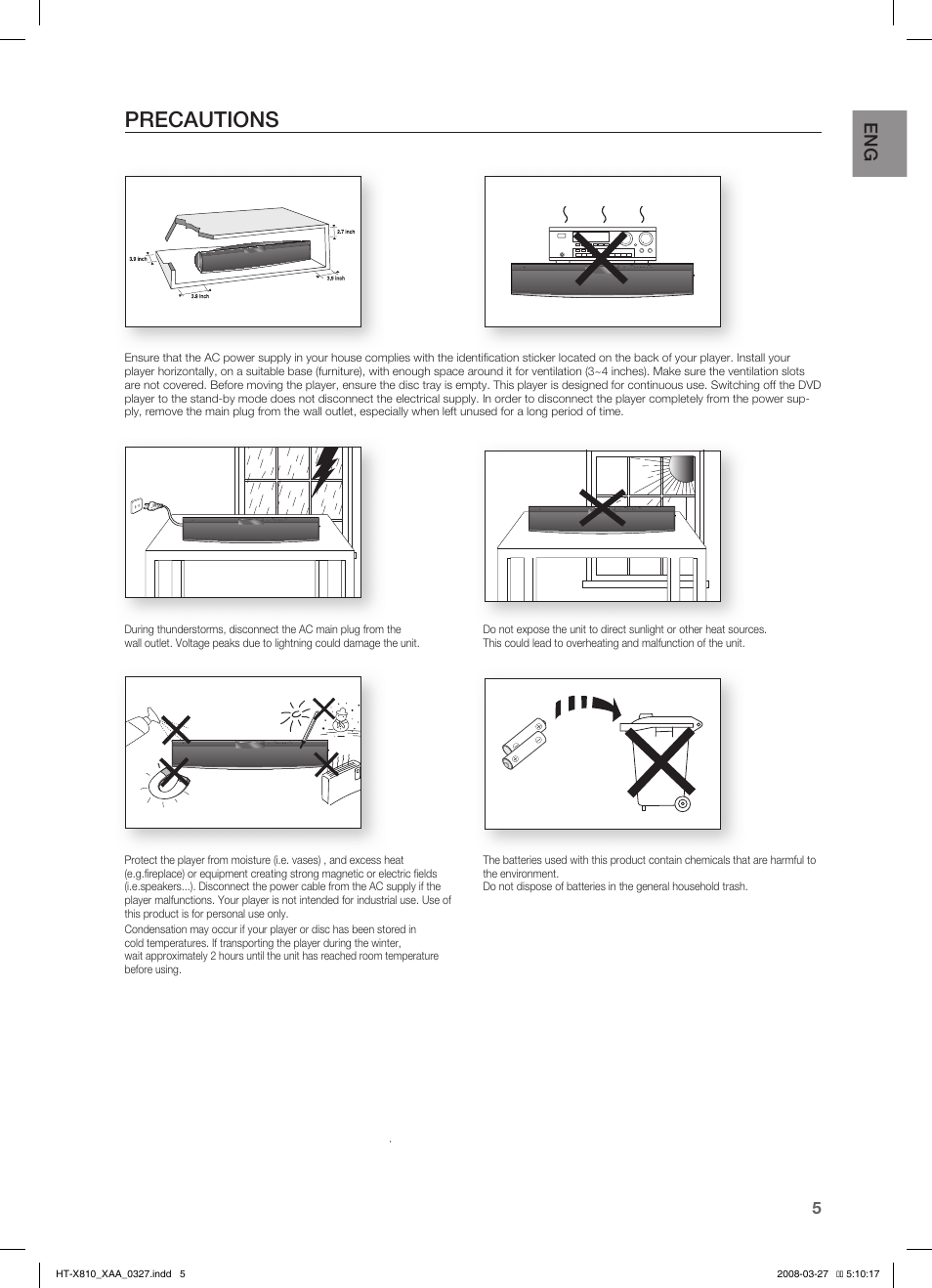 Precautions | Samsung HT-X810T-XAA User Manual | Page 5 / 60