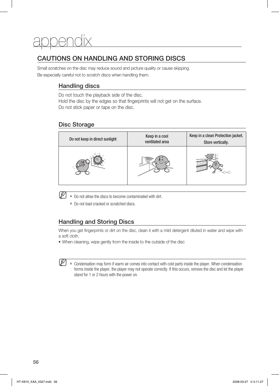 Appendix, Cautions on handling and storing discs | Samsung HT-X810T-XAA User Manual | Page 56 / 60