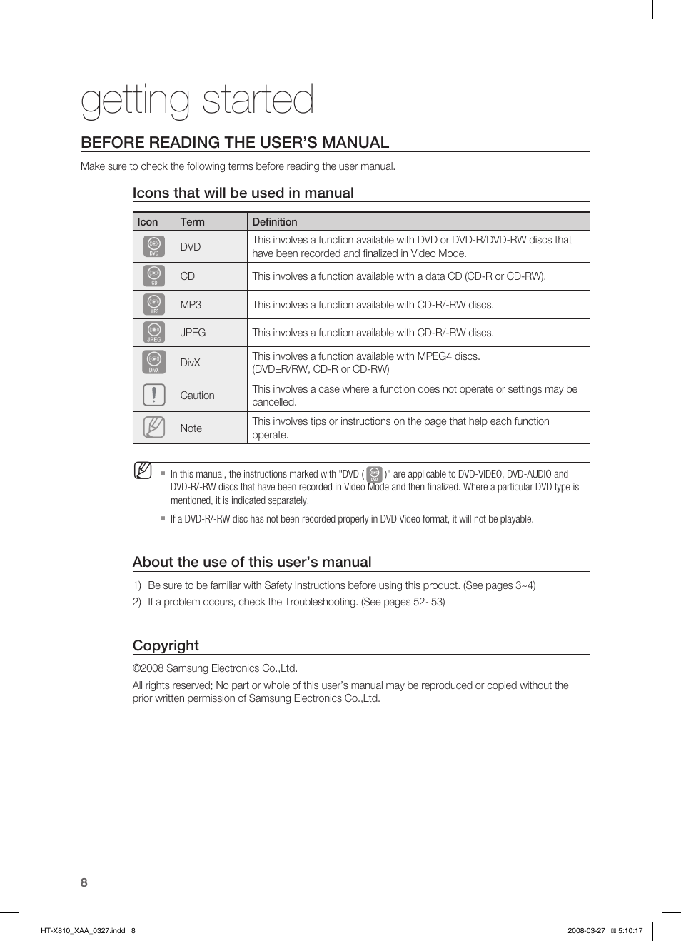 Getting started, Before reading the user’s manual | Samsung HT-X810T-XAA User Manual | Page 8 / 60