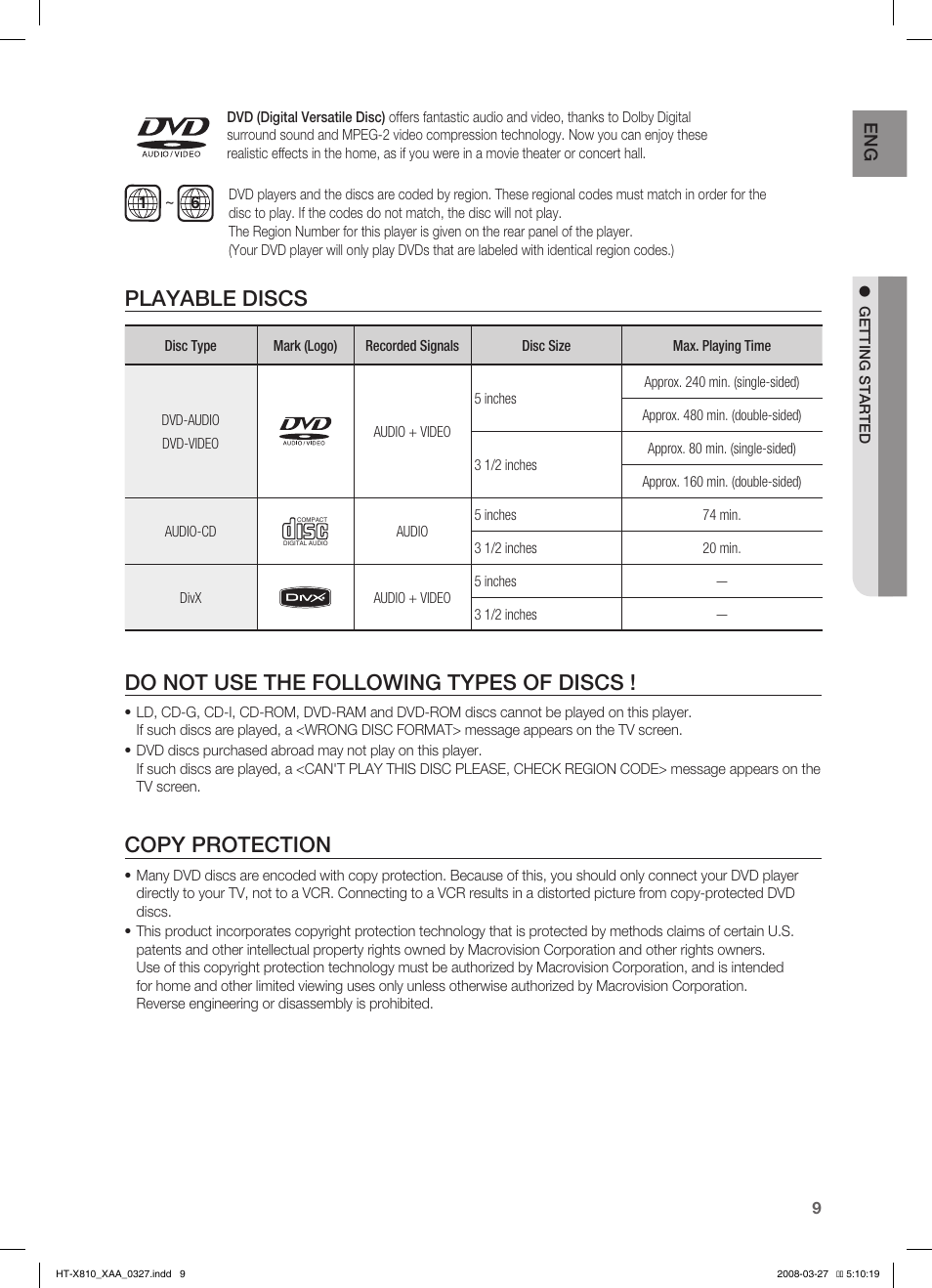 Do not use the following types of discs, Copy protection, Playable discs | Samsung HT-X810T-XAA User Manual | Page 9 / 60