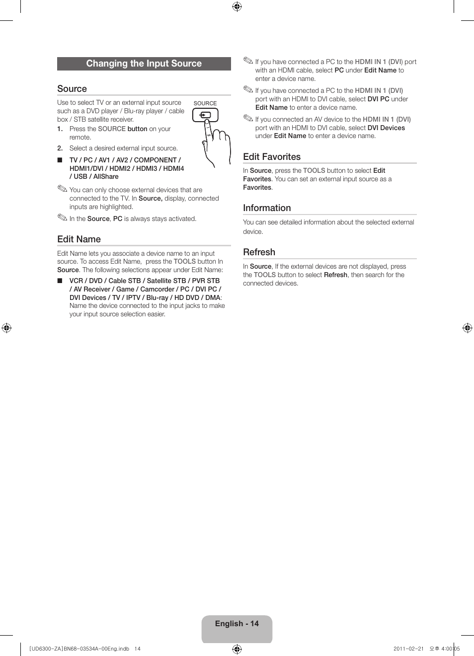Changing the input source source, Edit name, Edit favorites | Information, Refresh | Samsung UN40D6300SFXZA User Manual | Page 14 / 25