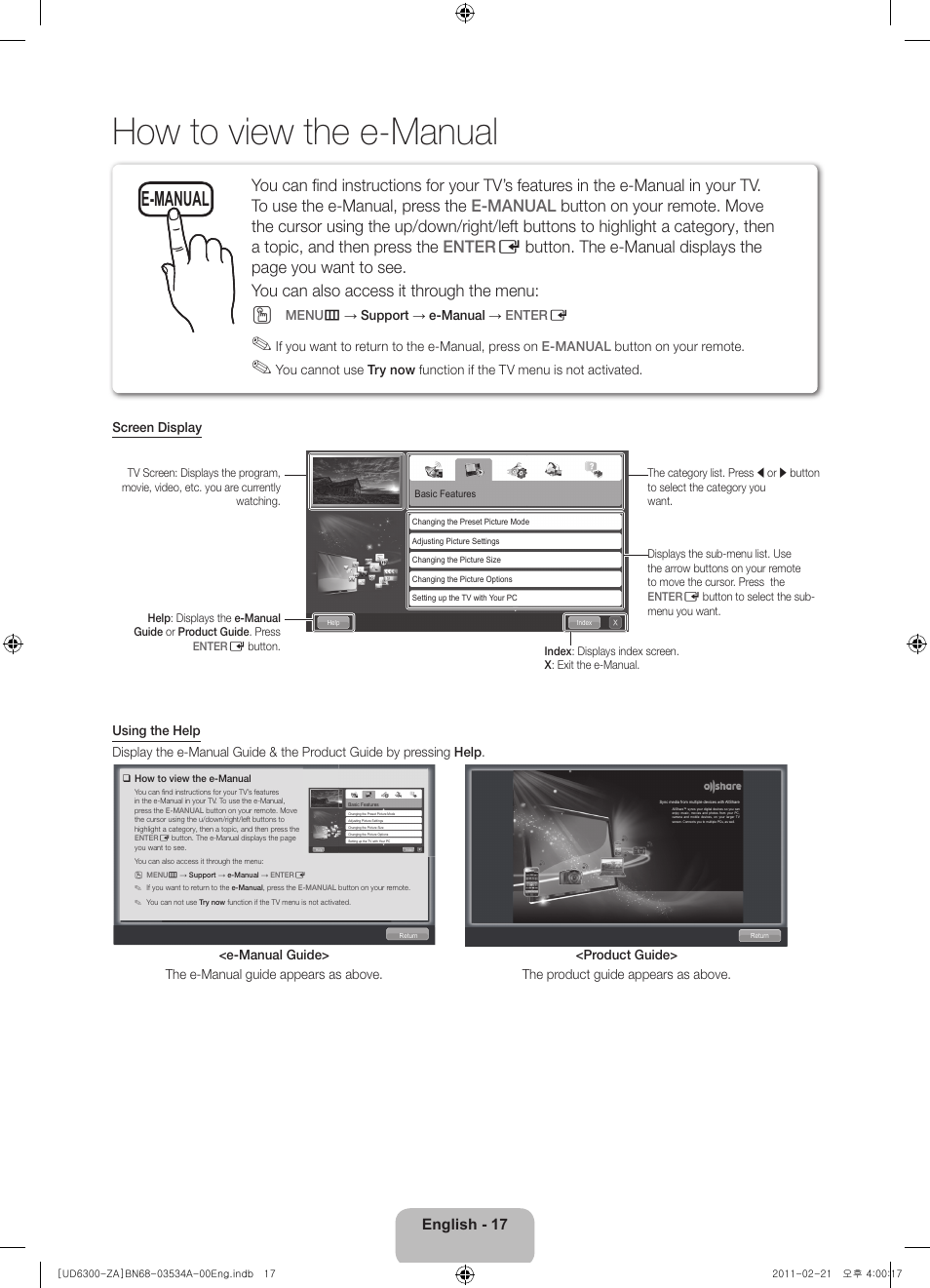 How to view the e-manual, E-manual, English - 17 | Samsung UN40D6300SFXZA User Manual | Page 17 / 25