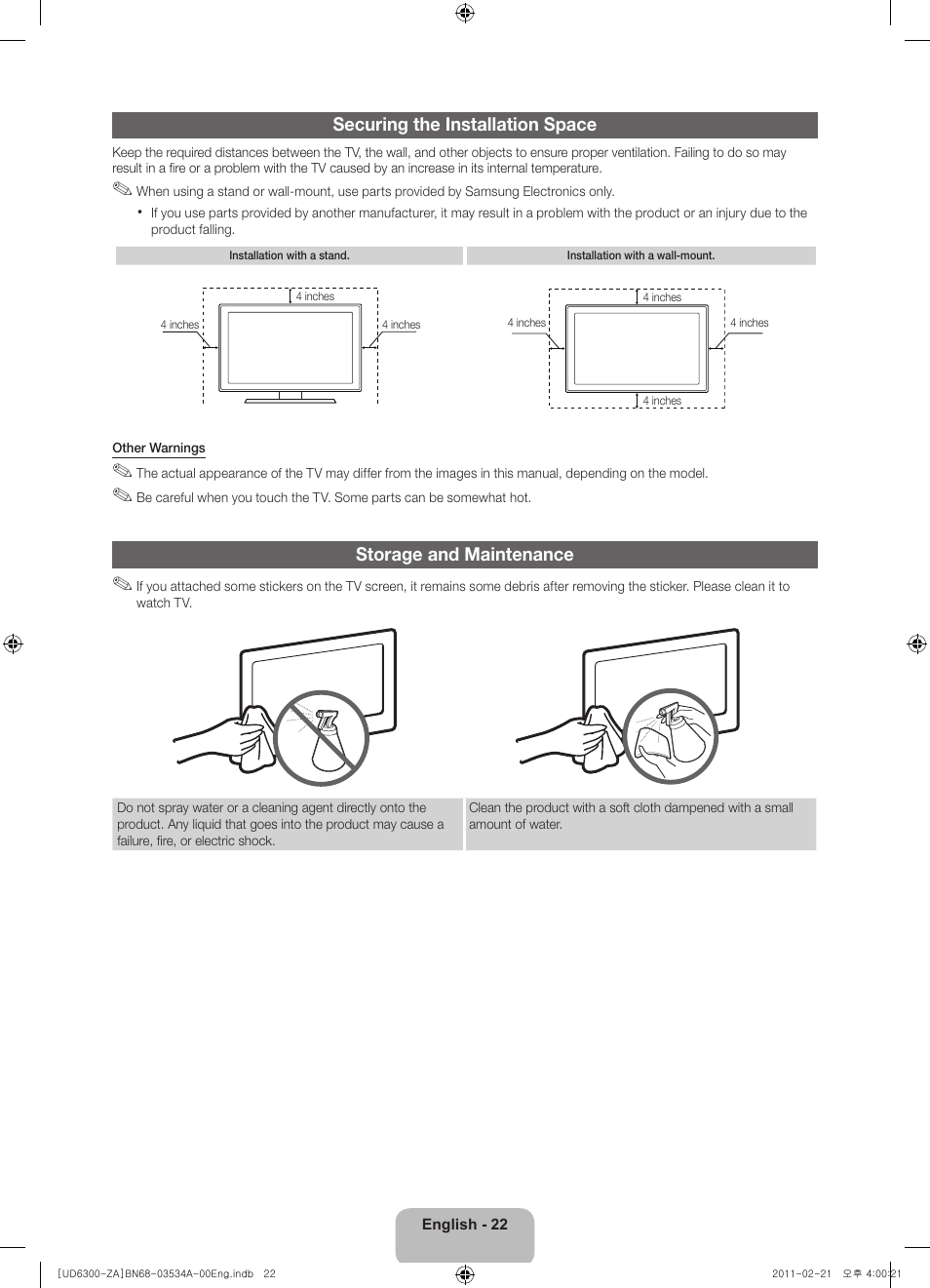 Securing the installation space, Storage and maintenance | Samsung UN40D6300SFXZA User Manual | Page 22 / 25