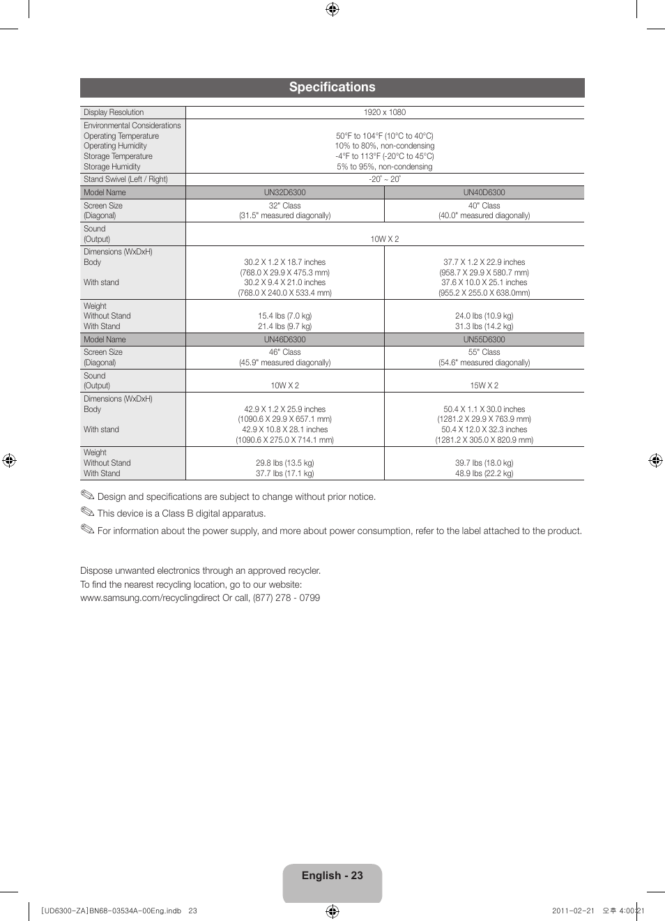 Specifications | Samsung UN40D6300SFXZA User Manual | Page 23 / 25